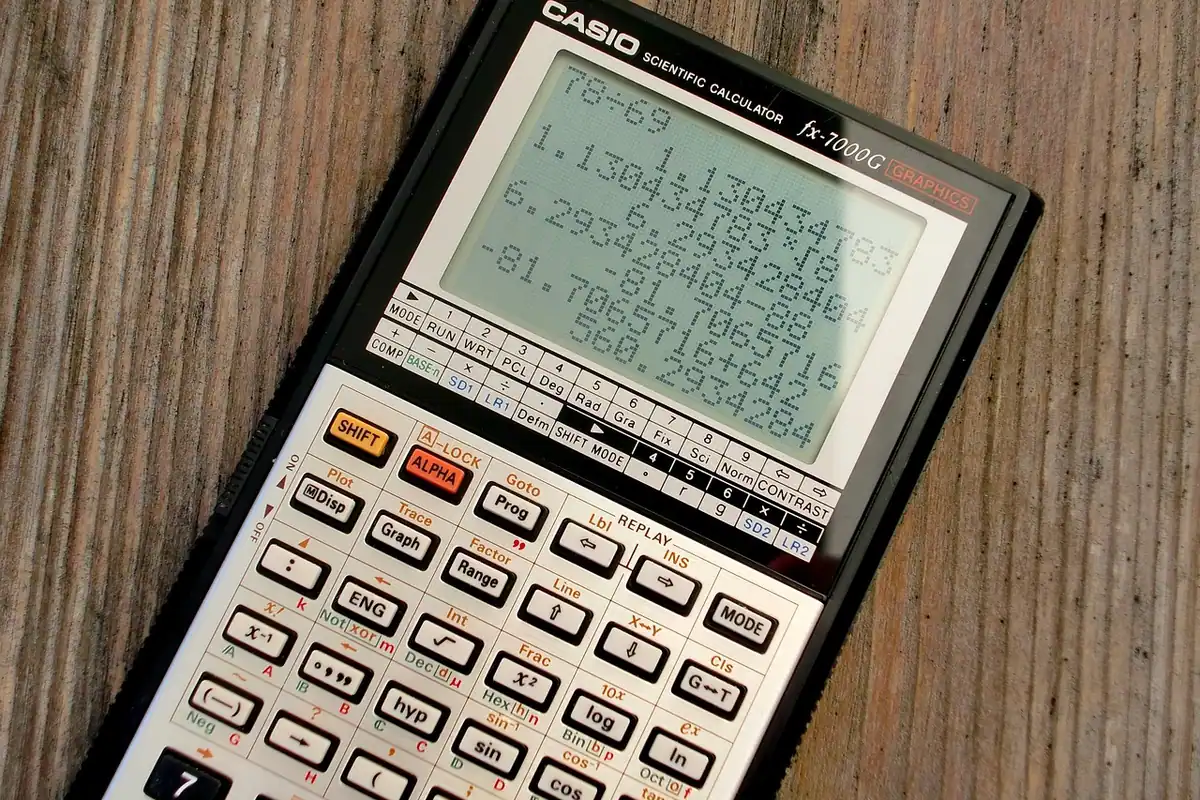 Calculator științific vechi cu ecran cu cristale lichide, folosit pentru calculul indemnizației