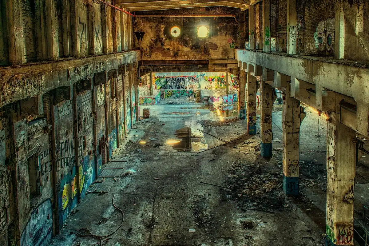 Hală industrială abandonată, cu stâlpi de beton, murdărie și urme de distrugere pe pereți